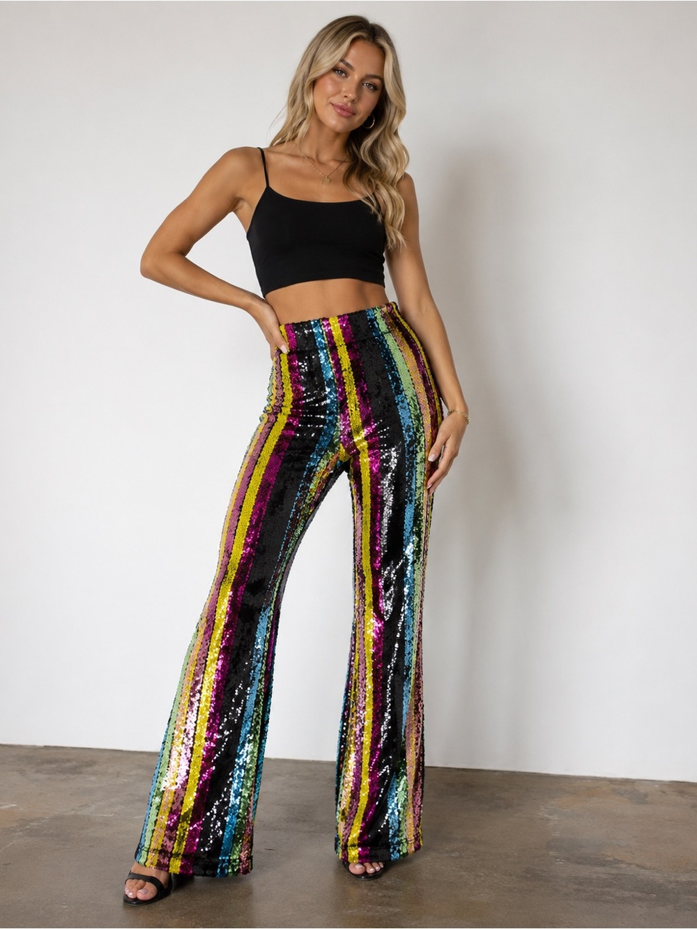 Y2K Vintage Forever 21 Multicolor Sequin Flare-Leg Stripe Pants 0037